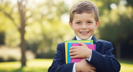  Laughing Schoolboy in Uniform Holding Colorful Books Outdoors
