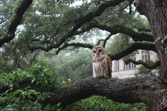 Barred owl perched on a tree branch in a misty forest setting during early morning hours