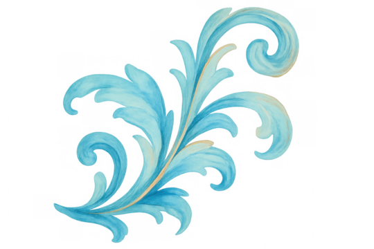 Delicate watercolor floral ornament glowing in soft blue, gold accents highlighting intricate decorative pattern against transparent background