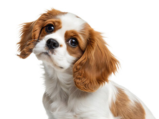 An adorable cavalier king charles spaniel puppy looks up, isolated on transparent background