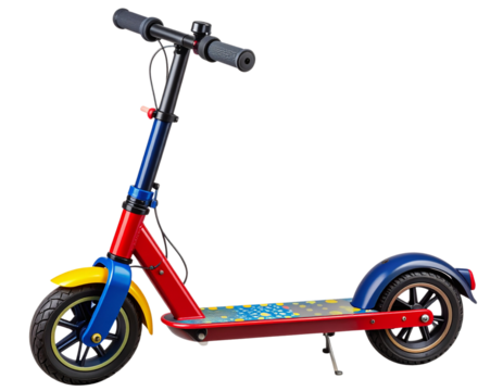  “Bright Multicolored Kids’ Electric Scooter, Side View Isolated PNG” - Powered by Adobe