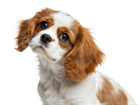 An adorable cavalier king charles spaniel puppy looks up, isolated on transparent background