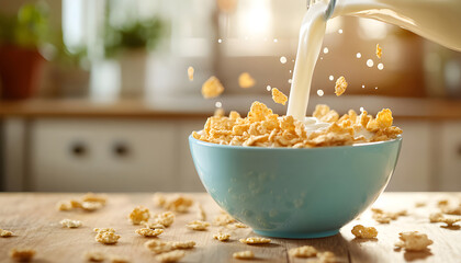 Close-up of milk pouring into bowl of oats. Breakfast cereal healthy meal. Morning energy boost, dietary nutrition, fiber intake, wellness, food and drink