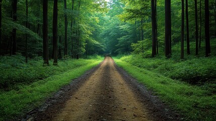 Serene Forest Path: Empty Dirt Road Through Lush Green Trees, Wide-Angle Overhead View in Natural Light
