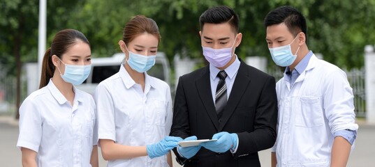 Scientists and businessman wearing masks and gloves reading a tablet