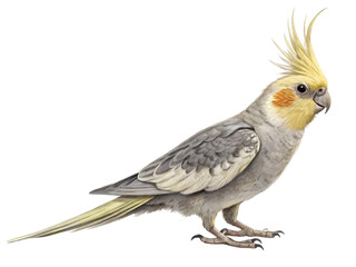 A grey cockatiel with a yellow crest is perched, isolated on transparent background