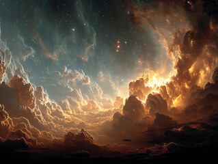 dramatic, otherworldly scene with swirling, illuminated clouds that appear to be filled with sparkles and lightning. The colors range from dark grays to warm oranges and yellows