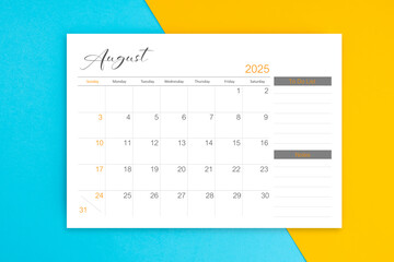 August 2025 calendar pagewith to do list on blue color background.