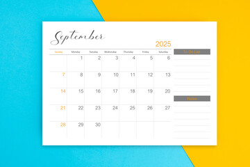 September 2025 calendar pagewith to do list on blue color background.