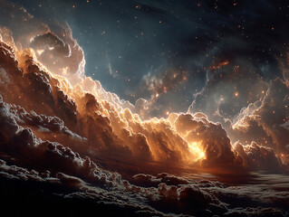 dramatic, otherworldly scene with swirling, illuminated clouds that appear to be filled with sparkles and lightning. The colors range from dark grays to warm oranges and yellows