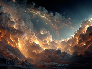 dramatic, otherworldly scene with swirling, illuminated clouds that appear to be filled with sparkles and lightning. The colors range from dark grays to warm oranges and yellows