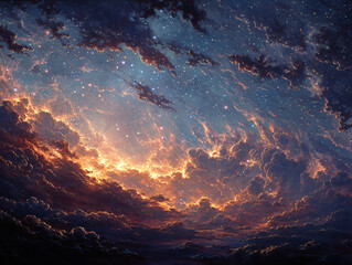 dramatic, otherworldly scene with swirling, illuminated clouds that appear to be filled with sparkles and lightning. The colors range from dark grays to warm oranges and yellows