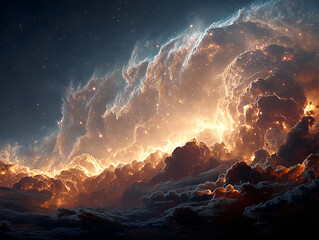 dramatic, otherworldly scene with swirling, illuminated clouds that appear to be filled with sparkles and lightning. The colors range from dark grays to warm oranges and yellows