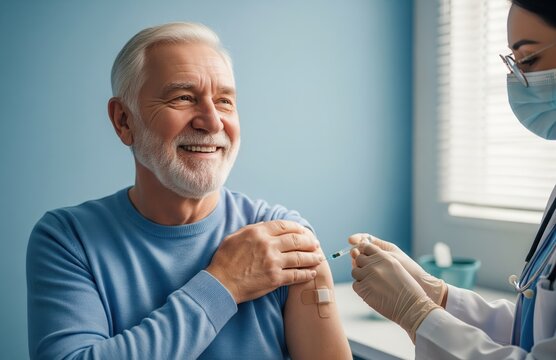 Cheerful vaccinated man proudly displays plaster on arm while standing in front of plain wall, promoting confidence and health awareness in older adults