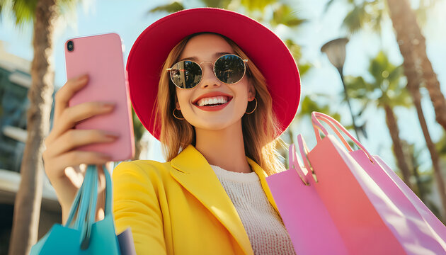 Smiling young woman takes selfie after shopping. She wears yellow jacket, pink hat. Holding shopping bags. Modern urban life, fashion, style concept