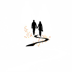 a couple holding hands on an autumn trailing whiteon white background