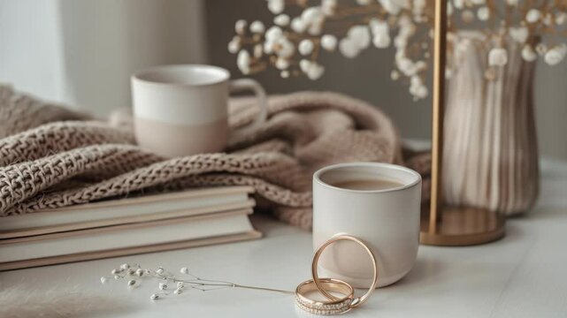 Cozy still life with ceramic mugs and rings