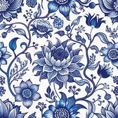 Blue and white floral seamless pattern design
