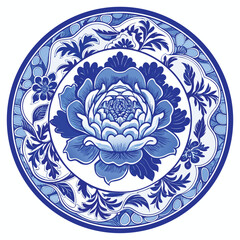 Blue and white porcelain plate design with floral pattern
