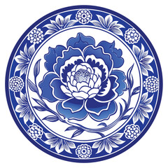 Blue and white porcelain plate with peony flower design