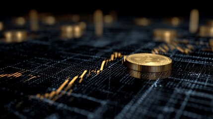 Business background showing digital crypto trading chart blockchain elements 3D coin tokens candlestick graph on dark matrix grid people free