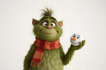 Fototapeta premium Green furry creature holding snowman