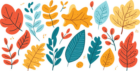 Obraz premium Colorful Autumn Leaves and Branches Illustration with a Variety of Shapes and Colors Perfect for Fall Themed Designs Backgrounds and Creative Projects on a White