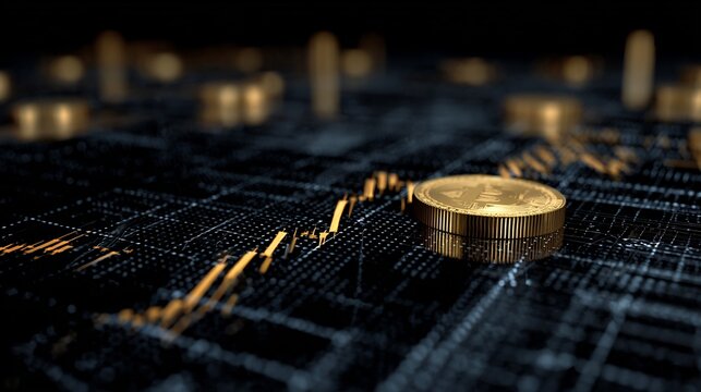 Business background showing digital crypto trading chart blockchain elements 3D coin tokens candlestick graph on dark matrix grid people free