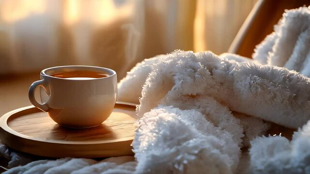 Cup of coffee on a tray with a blanket
