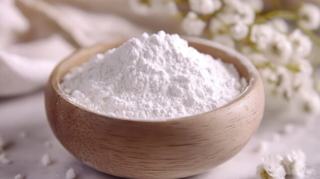 Natural Arrowroot Powder in Wooden Bowl with Floral Background
