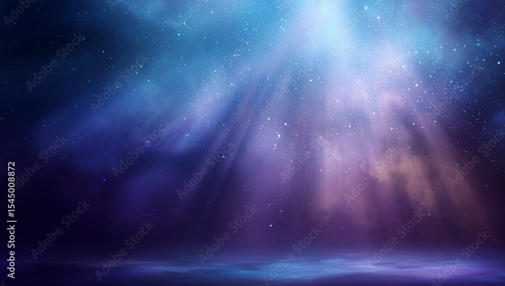 Poster celestial light beams in cosmic nebula with stars deep space background colorful galaxy abstract out