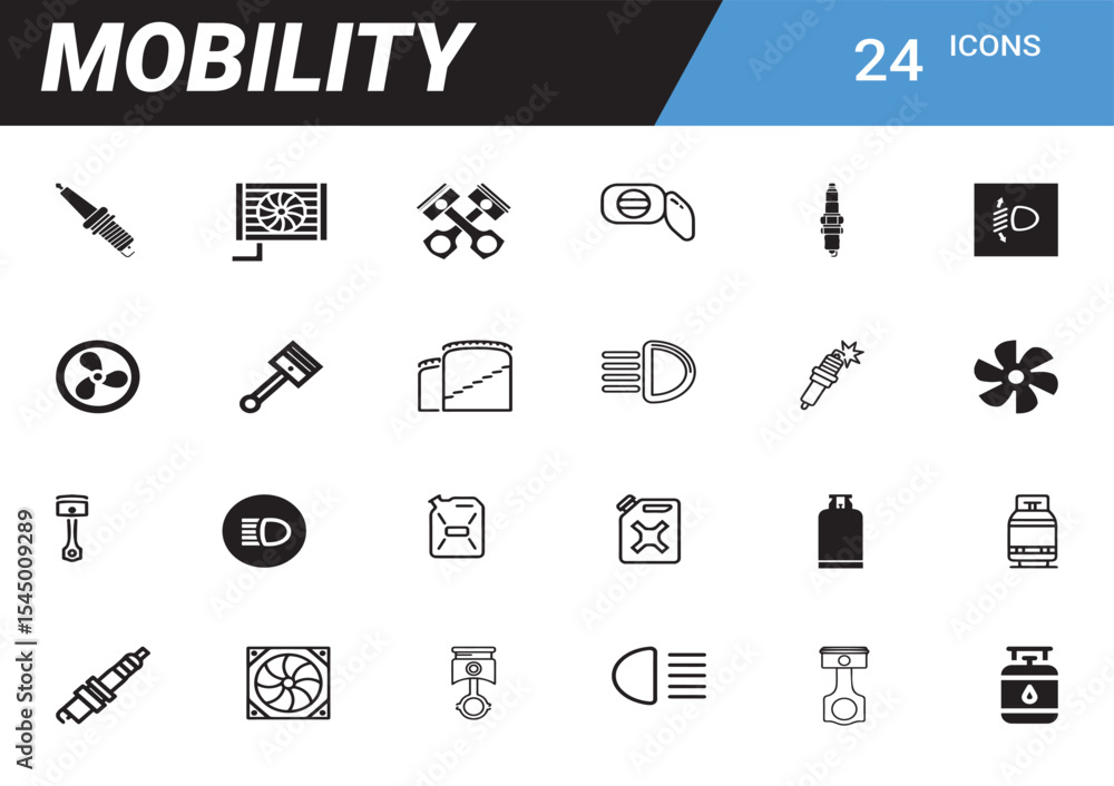 Poster mobility icons: a comprehensive set of 24 meticulously crafted icons symbolizing various aspects of 