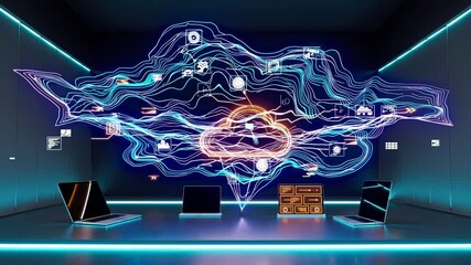 Laptops link to central cloud system. Digital code moves through cyber network. Cloud interface animates server and data. Cyber cloud glowing. Technology network powers live data system.