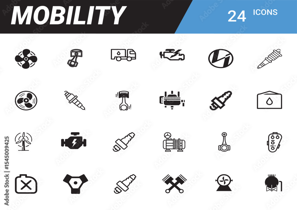 Poster mobility icons: a collection of 24 graphic icons representing various aspects of transportation and 