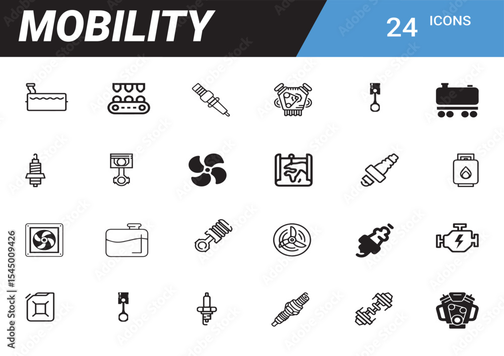 Poster mobility icons: a comprehensive set of 24 unique, minimalistic icons representing various aspects of