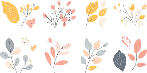 Fototapeta premium Collection of Delicate Botanical Illustrations with Pastel Colors Featuring Leaves Branches and Berries in a Minimalist Style Perfect for Creative Projects and Designs on a