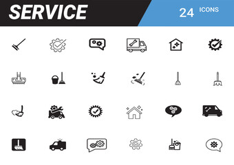 Fototapeta premium Service Icon Set: Collection of minimalistic icons for various services, each rendered in high contrast black and white for clarity and versatility in design applications.