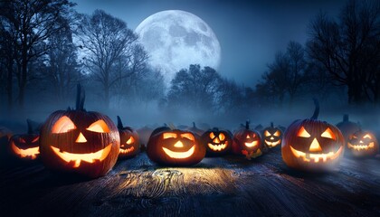 spooky halloween night glowing jack o lanterns in dark misty setting