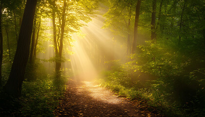 Sunlight shines through dense trees. Path leads through forest, surrounded by green foliage. Beautiful nature landscape scenery