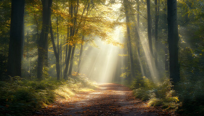 Obraz premium Sunlight shines through dense trees. Path leads through forest, surrounded by green foliage. Beautiful nature landscape scenery