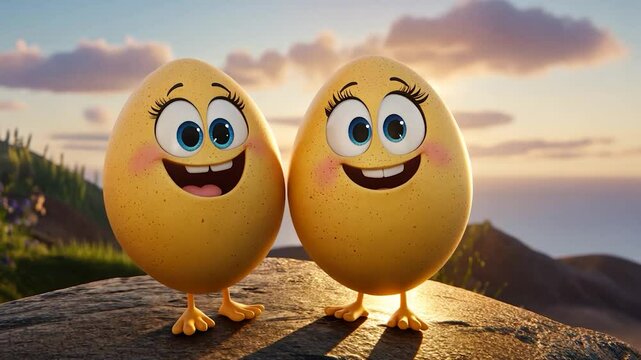 Two cartoon eggs with happy faces, standing on a rock outdoors at sunrise