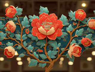 vibrant and intricately designed artwork depicting large, blooming red flowers with green leaves, set against a textured red background. The artwork is framed by ornate patterns