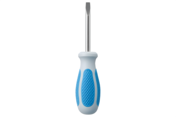 Flathead screwdriver with blue and white handle on transparent background