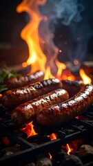 Grilled Sausages on Barbecue with Flames Creating a Delicious Culinary Scene. US Independence Day. AI Generative