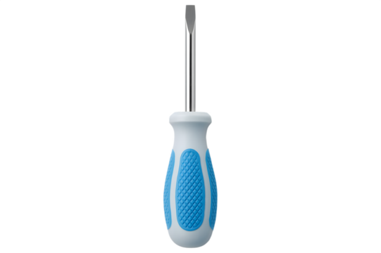 Flathead screwdriver with blue and white handle on transparent background