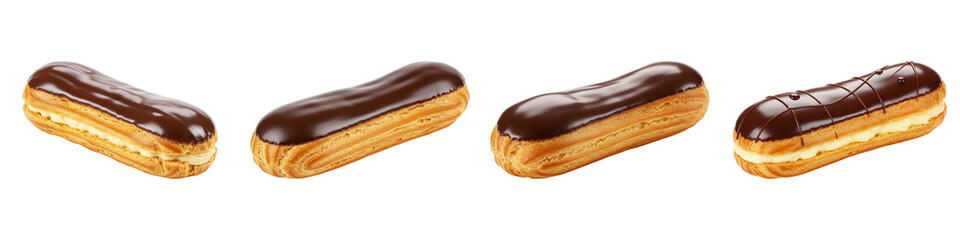 Obraz premium Eclairs Delectable Treats: Four elegantly arranged éclairs with glossy chocolate glaze. A symphony of texture and flavor, capturing the irresistible charm of a gourmet dessert experience.