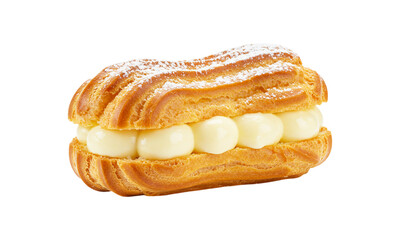 Creamy Éclair: A delightful éclair, featuring a golden pastry shell generously filled with a rich, creamy custard and dusted with a delicate sprinkle of powdered sugar, a mouthwatering dessert!
