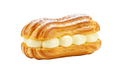 Creamy Éclair: A delightful éclair, featuring a golden pastry shell generously filled with a rich, creamy custard and dusted with a delicate sprinkle of powdered sugar, a mouthwatering dessert!