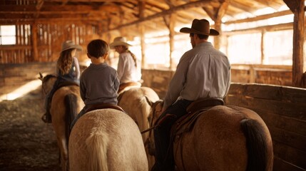 Families enjoy a warm moment of helping children ride horses at a western-inspired barn