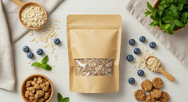 Healthy breakfast granola oats packaging mockup with blueberries and mint for product presentation